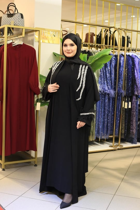 4200 KOD KOLLARI TÜYLÜ ABAYA TAKIM SİYAH