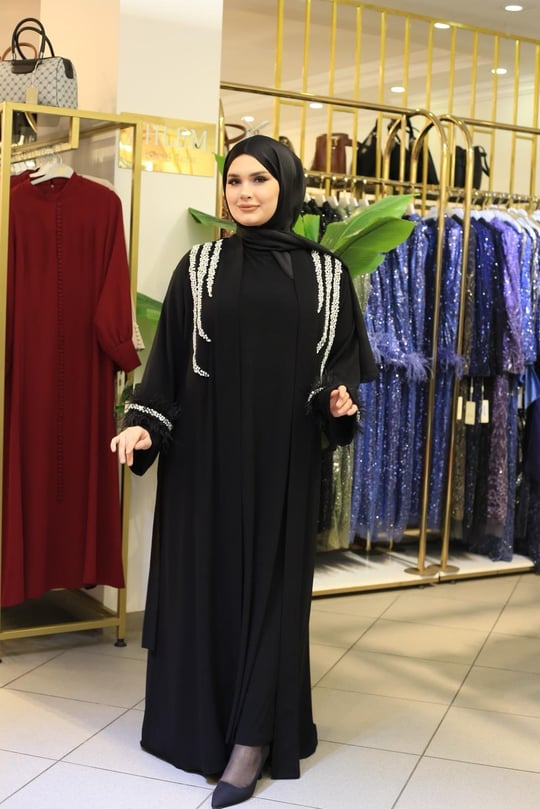 4200 KOD KOLLARI TÜYLÜ ABAYA TAKIM SİYAH