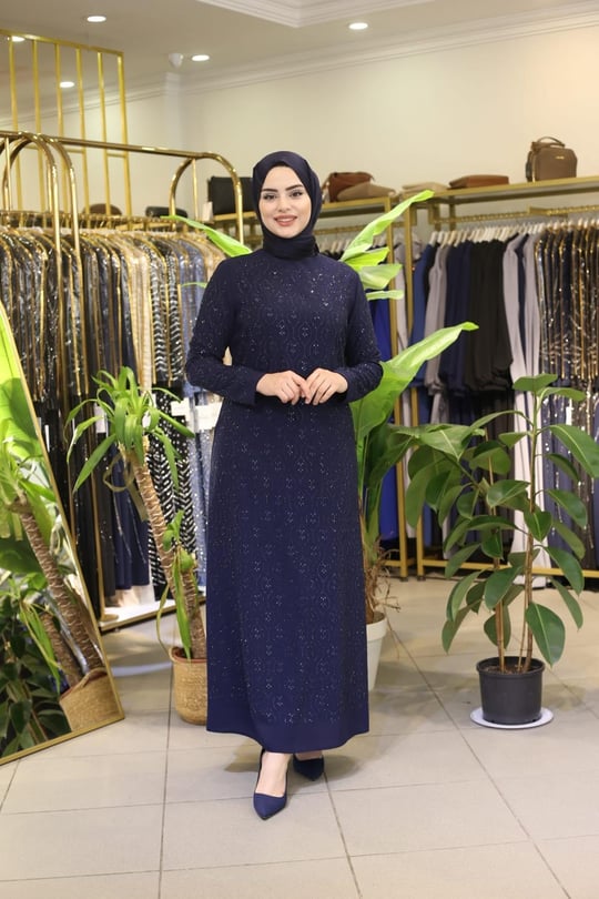 5111 KOD DAMLA ÇİÇEK İŞLEME ELBİSE LACİVERT