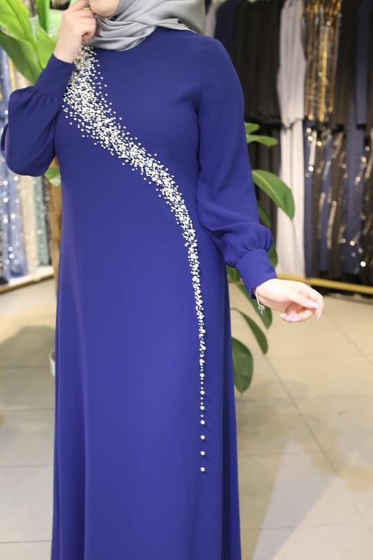 5725 KOD SU YOLU İNCİ ELBİSE İNDİGO