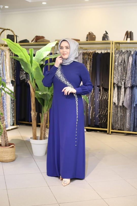 5725 KOD SU YOLU İNCİ ELBİSE İNDİGO