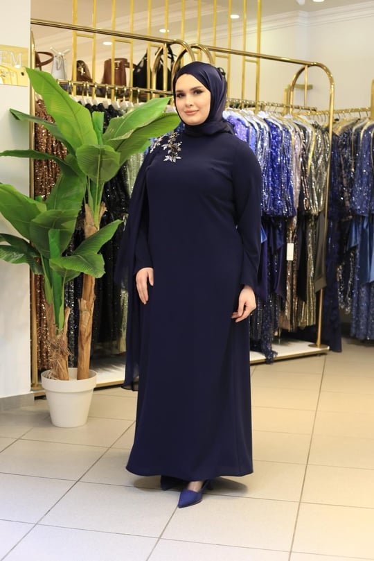616 KOD OMUZ PELERİN DETAYLI ELBİSE LACİVERT