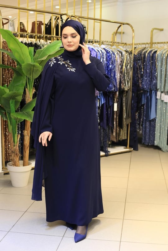 616 KOD OMUZ PELERİN DETAYLI ELBİSE LACİVERT