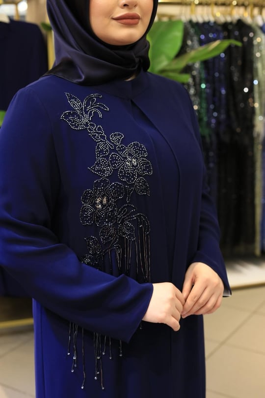 BEY801 KOD SIRA TAŞLI ABAYA TAKIM LACİVERT