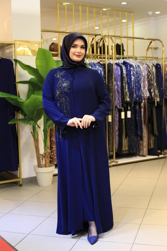 BEY801 KOD SIRA TAŞLI ABAYA TAKIM LACİVERT