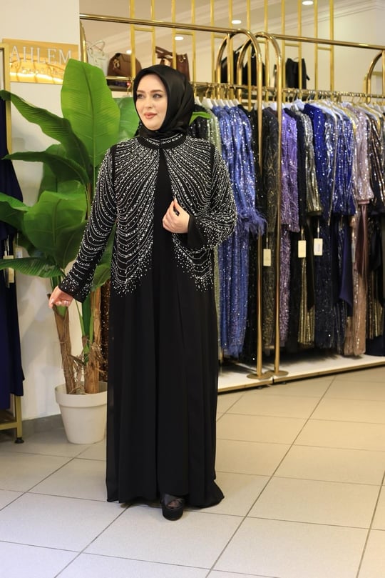 BEY804 KOD SAWAROSKİ TAŞLI ABAYA TAKIM SİYAH
