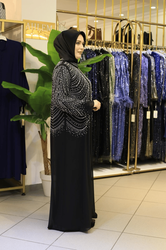 BEY804 KOD SAWAROSKİ TAŞLI ABAYA TAKIM SİYAH