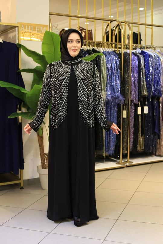 BEY804 KOD SAWAROSKİ TAŞLI ABAYA TAKIM SİYAH