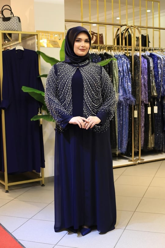BEY804 KOD SAWAROSKİ TAŞLI ABAYA TAKIM LACİVERT