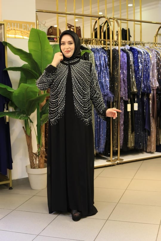 BEY804 KOD SAWAROSKİ TAŞLI ABAYA TAKIM SİYAH