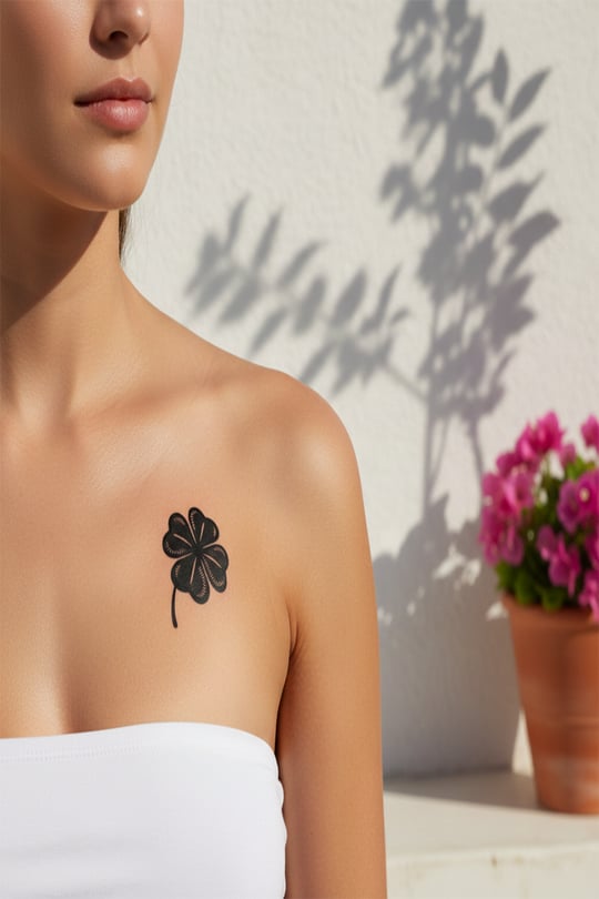 Dört Yapraklı Yonca Yarı Kalıcı Dövme / 1 Ay Kalıcı - Şans ve Doğa Temalı Minimalist Geçici Dövme