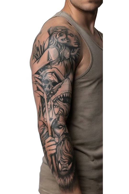 Poseidon & Medusa Efsane Sleeve Geçici Dövme | 17x48 cm Okyanus Mitolojisi