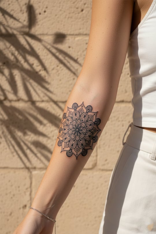 Etnik Mandala ve Geometrik Çiçek Motifli Sanatsal Vücut Dövmesi - 1 Ay Kalıcı / Yarı Kalıcı