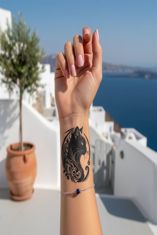 Etnik ve Tribal Kedi Yarı Kalıcı Dövme / 1 Ay Kalıcı - Sanatsal ve Spiritüel Kedi Figürlü Geçici Dövme