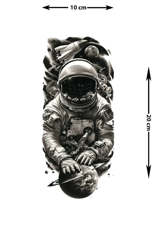Astronot Uzay Gerçekçi Geçici Dövme – Siyah Beyaz Realism