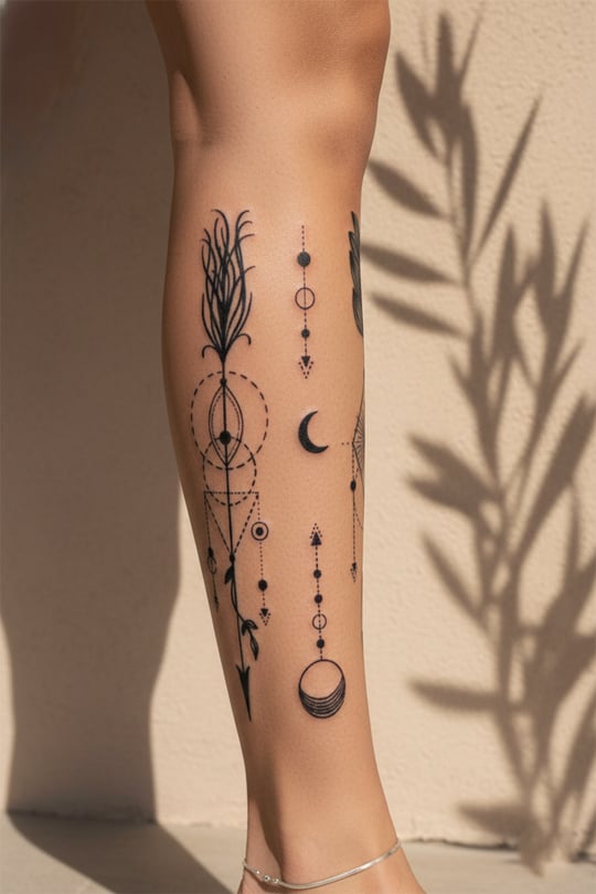 Geometrik Ok ve Hilal Detaylı Kozmik Dövme - Yarı Kalıcı / 1 Ay Kalıcı Tattoo