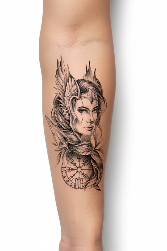 Kanatlı Valkyrie Geçici Dövme | Gerçekçi Vegvisir Detaylı Savaşçı Kadın Dövmesi