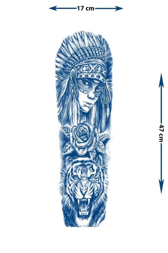 Kızılderili Kadın, Kaplan ve Gül Motifli Tam Kol Kaplama Tattoo - Yarı Kalıcı / 1 Ay Kalıcı