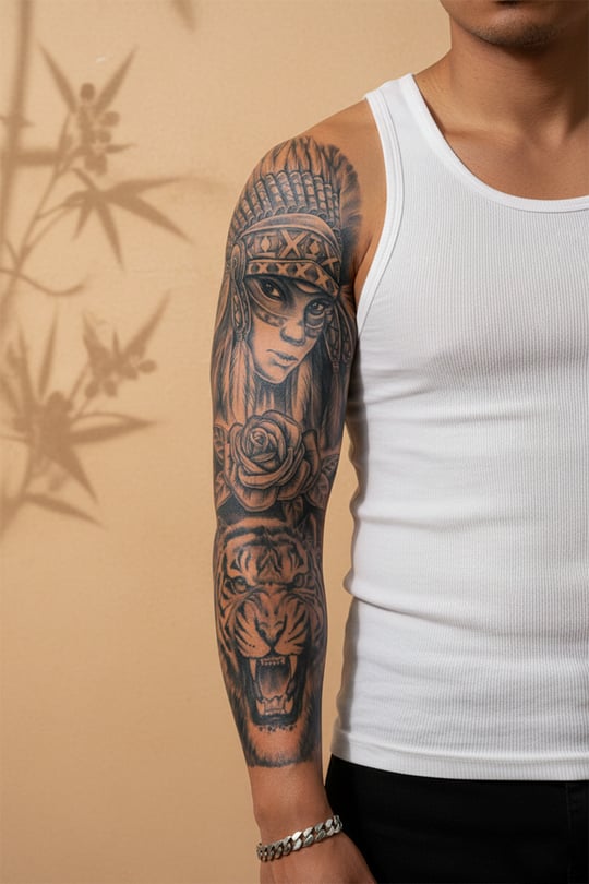 Kızılderili Kadın, Kaplan ve Gül Motifli Tam Kol Kaplama Tattoo - Yarı Kalıcı / 1 Ay Kalıcı