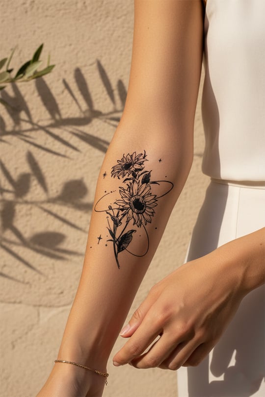 Kozmik Ayçiçeği ve Yıldız Detaylı Sanatsal Floral Tattoo - Yarı Kalıcı / 1 Ay Kalıcı