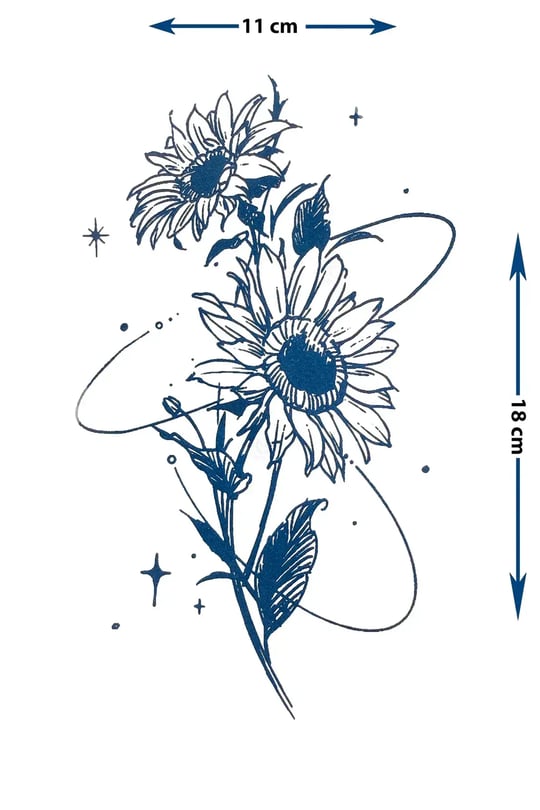 Kozmik Ayçiçeği ve Yıldız Detaylı Sanatsal Floral Tattoo - Yarı Kalıcı / 1 Ay Kalıcı