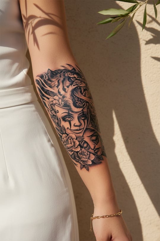 Kükreyen Kaplan ve Dramatik Maske Detaylı Sanatsal Tattoo - Yarı Kalıcı / 1 Ay Kalıcı