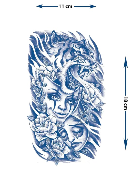 Kükreyen Kaplan ve Dramatik Maske Detaylı Sanatsal Tattoo - Yarı Kalıcı / 1 Ay Kalıcı