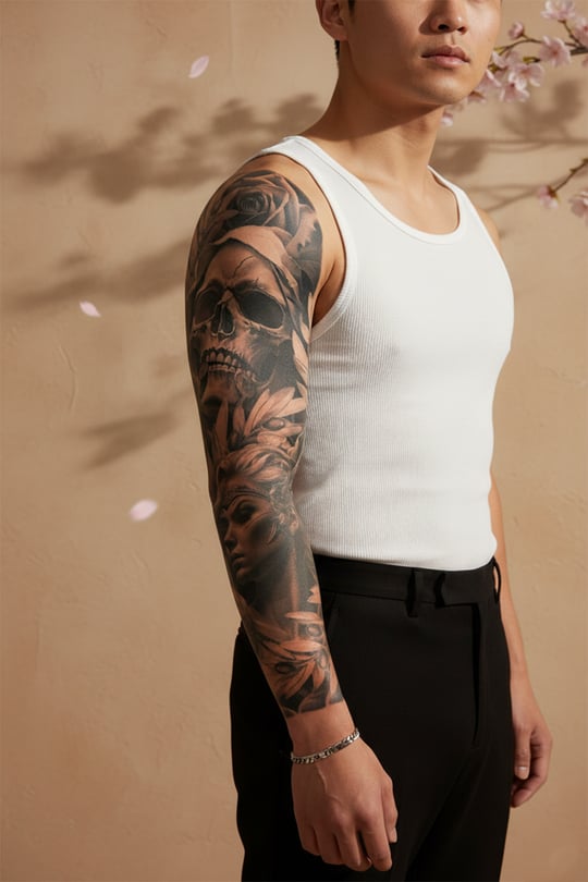 Kurukafa, Antik Kadın ve Gül Motifli Tam Kol Kaplama Tattoo - Yarı Kalıcı / 1 Ay Kalıcı