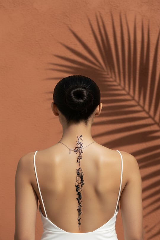 Minimalist Güneş ve Ay Detaylı Floral Omurga Dövmesi - 1 Ay Kalıcı