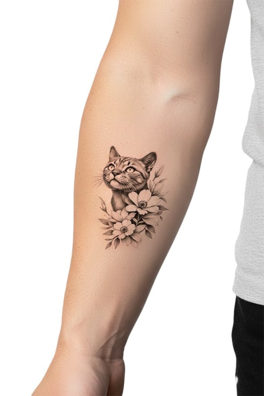 Çiçekli Kedi Figürlü Geçici Dövme - Gerçekçi Kedi Tasarımı
