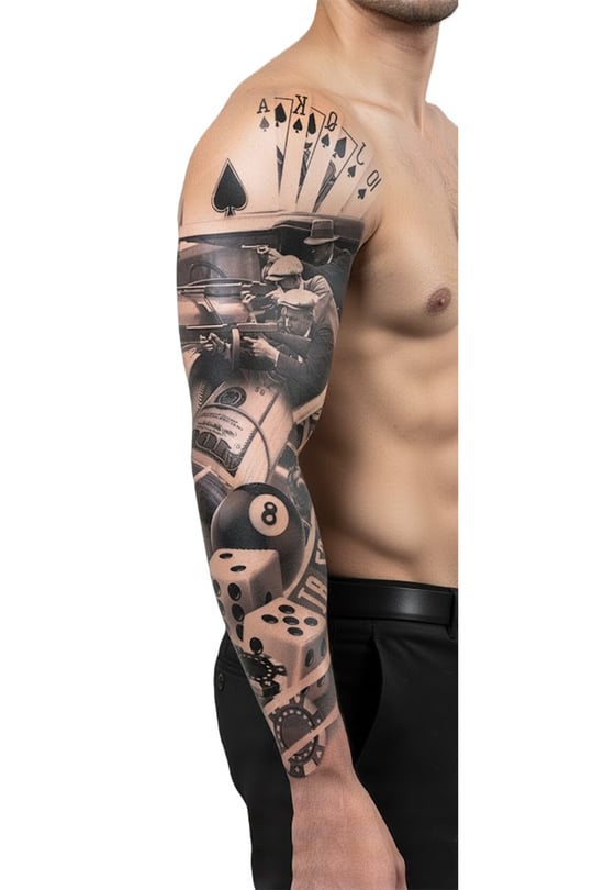 Gangster Kumar Sleeve Geçici Dövme | Poker Kartları Silah Zar Rulet Mafia Tasarım