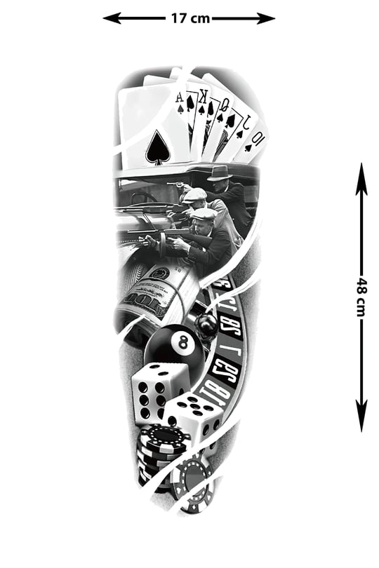 Gangster Kumar Sleeve Geçici Dövme | Poker Kartları Silah Zar Rulet Mafia Tasarım
