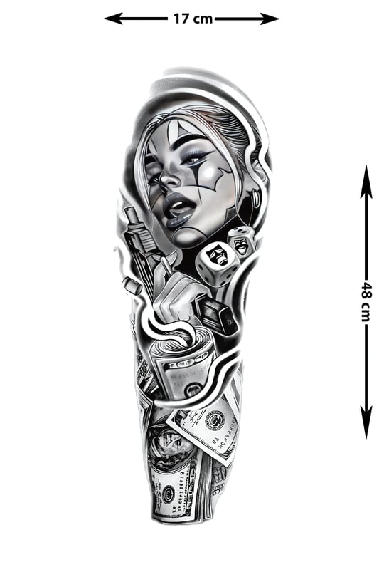 Harley Quinn Sleeve Geçici Dövme | Palyaço Makyaj Makineli Tüfek Para Zar Kaos Tasarım