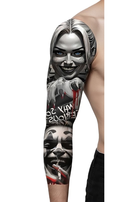 Harley Quinn & Joker Sleeve Geçici Dövme | Why So Serious Palyaço Kanlı Kaos Tasarım