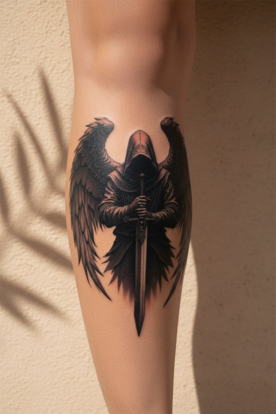 Ölüm Meleği (Grim Reaper) ve Kılıç Dövmesi – Gotik Savaşçı Tasarımı 1 Ay Kalıcı & Yarı Kalıcı Dövme