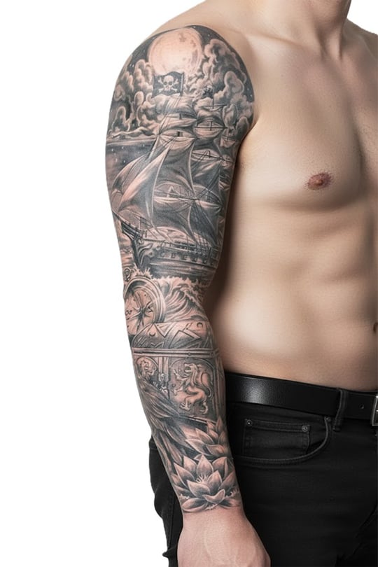 Korsan Hayalet Gemi Sleeve Geçici Dövme | Hazine Sandığı Kuzgun Kafatası Lotus Ay Tasarım