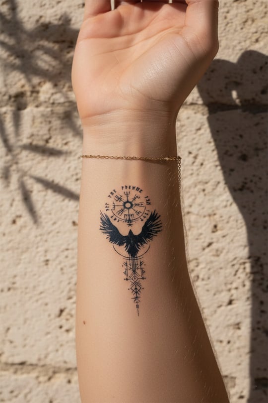 Vegvisir Viking Pusulası ve Kuzgun Yarı Kalıcı Dövme / 1 Ay Kalıcı - İskandinav Mitolojisi Geçici Dövme