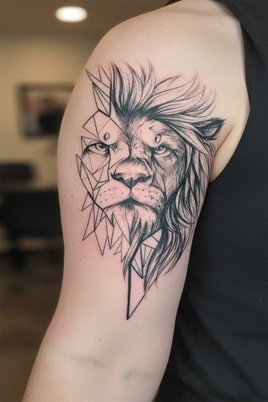 Yarı Geometrik Aslan Geçici Dövme - Modern Sanat Tasarımı