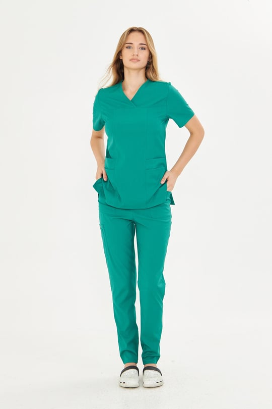Koyu Yeşil Lyra Likralı Premium Scrubs Takım