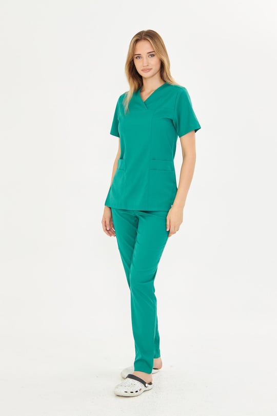 Koyu Yeşil Lyra Likralı Premium Scrubs Takım