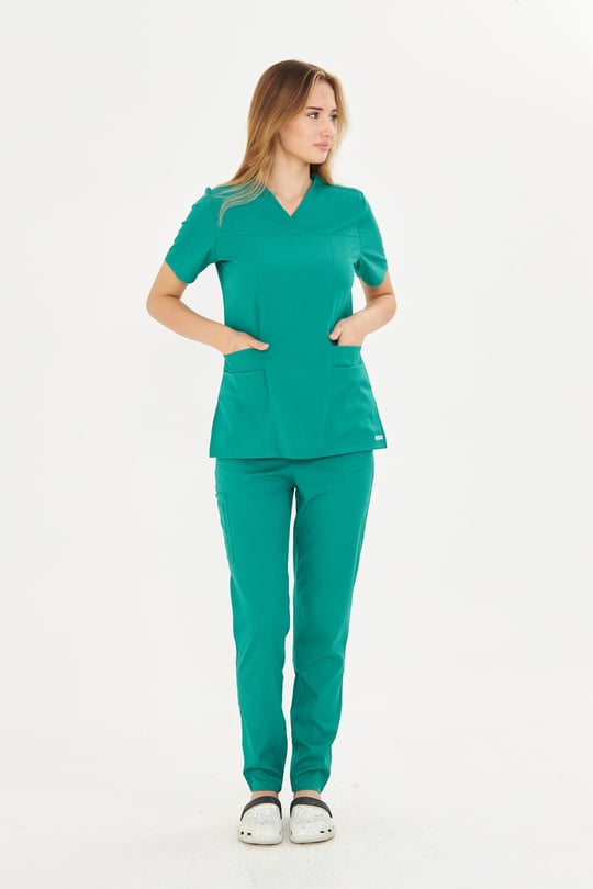 Koyu Yeşil Lyra Likralı Premium Scrubs Takım