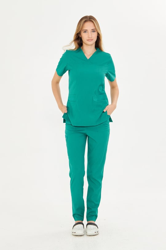 Koyu Yeşil Lyra Likralı Premium Scrubs Takım