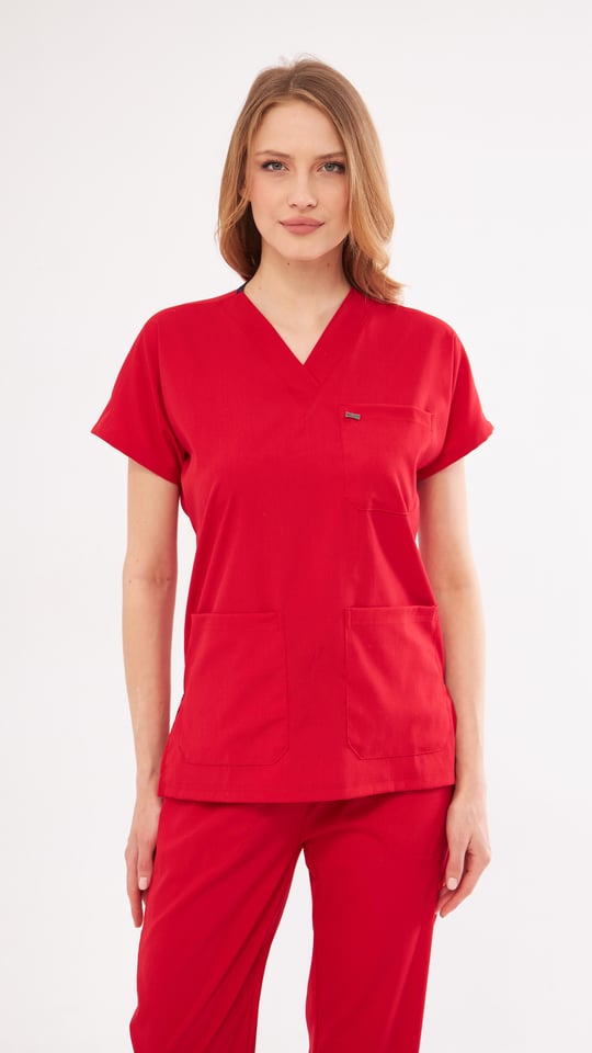 Kırmızı Greys Likralı Scrubs Takım 