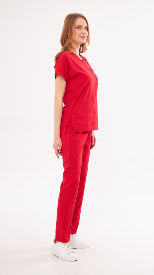 Kırmızı Greys Likralı Scrubs Takım 