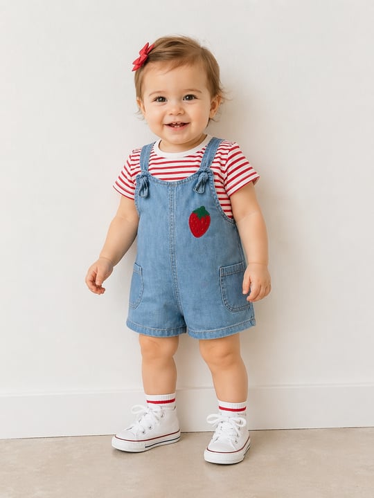 Çilek Detaylı Unisex Salopet 3'lü Set - Mavi