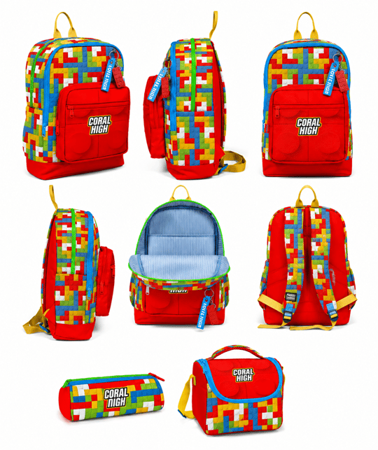 Coral High Renkli Lego Blok Desenli 3 lü Okul Çanta Seti SET0123775