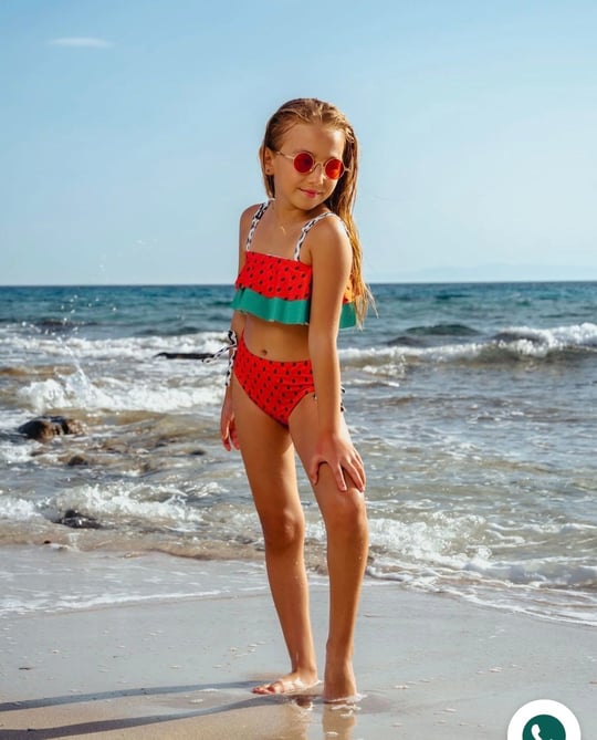 Karpuzlu Kız Çocuk Fırfırlı Bikini - Kırmızı Yeşil