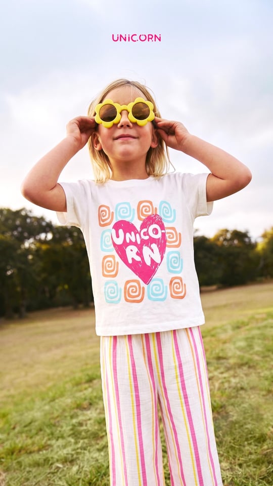 Kız Çocuk Unicorn Çizgili Bol Paça Muslin İkili Takım - Pembe