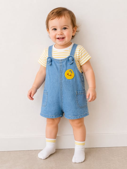 Limon Detaylı Unisex Salopet 3'lü Set - Sarı