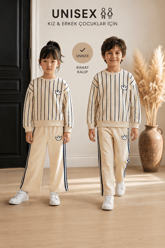 Logolu Çizgili Ekru Unisex Çocuk 2'li Takım